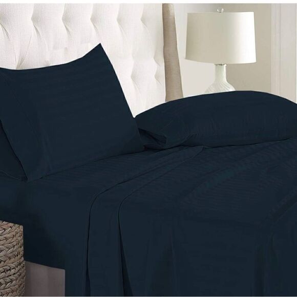 Split Queen Sheets Adjustable Bed Cotton-Deep Pockets-5 Pcs Navy Blue Stripe NEW - Picture 2 of 6